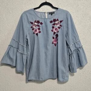 Womens Floral Embroidered Chambray Bell Sleeve‎ Peasant Top Size L Cottagecore